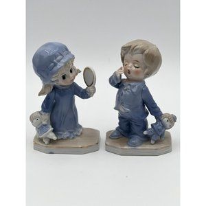 VTG Set of 2 Boy Yawning Girl with Mirror  Blue Porcelain Figurines Ceramic  5"